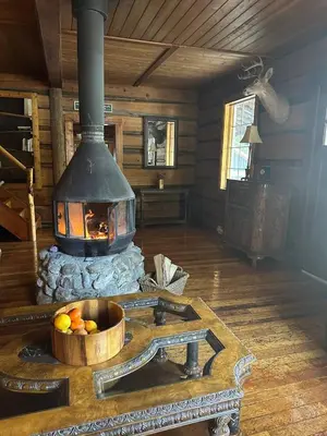 a fireplace in a log cabin with a bowl of fruit at Rustic Beaverfoot Lodge Room N10 in Parson