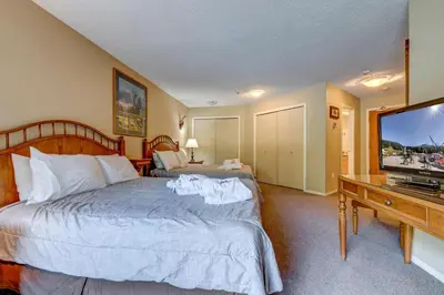 a bedroom with a bed and a flat screen tv at Greystone Lodge 332 Ski-in Out in Whistler