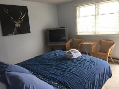 a bedroom with a bed and a tv and chairs at Cross Suite - MistyRiver Lodge in Radium Hot Springs