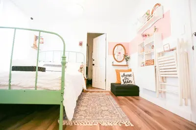 a bedroom with a bunk bed and a rug at Chic Artistic Studio Suite Exceptional Luxury with Everything You Need NO need to SHARE Room in Richmond
