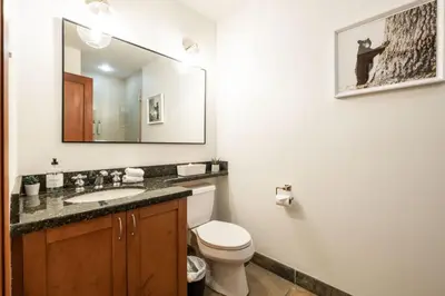 a bathroom with a toilet and a sink and a mirror at Montebello 4877 by Outpost Whistler in Whistler