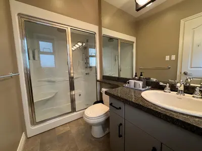 a bathroom with a shower and a toilet and a sink at Zp Home in Richmond