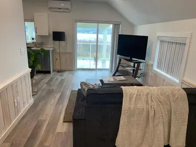 a living room with a couch and a flat screen tv at Lakeside Cottage in Nanaimo
