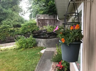 a flower pot hanging on the side of a house at Cozy and Friendly Home Single Room No Pets Allowed in Burnaby