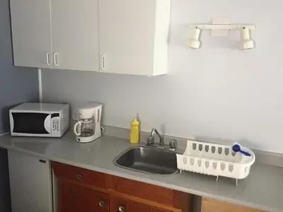 a kitchen counter with a sink and a microwave at WhiteTail Suite - Misty River Lodge - in Radium Hot Springs