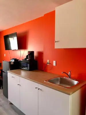 a kitchen with a sink and a microwave at Canterbury Inn in Invermere