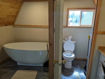 a bathroom with a tub and a toilet at Tree Ring Cabin on 33 Acre Farm in Powell River