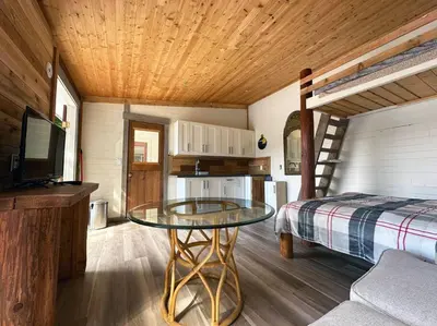 a room with a glass table and a bed at Private Ozarks Island Retreat in Agassiz