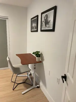 a desk with a chair and a plant on a wall at Spacious Forested Garden Suite in North Vancouver