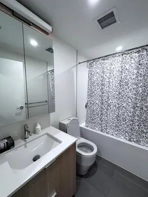 a bathroom with a sink and a toilet and a shower at New condo near Lougheed Mall & SFU in Coquitlam