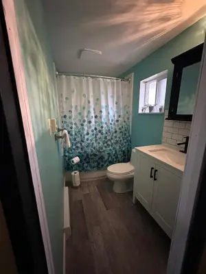 a bathroom with a toilet and a sink and a shower at Frankies Westshore Hideaway in Victoria