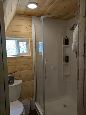 a bathroom with a shower and a toilet at Mushroom theme cabin on 33 Acre Farm in Brew Bay