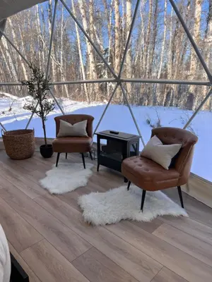 a living room with two chairs and a fireplace at Experience Luxury Glamping at Ravines Edge Geo Glamping in Devon