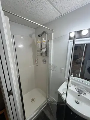 a bathroom with a shower and a sink at Cozy Escape in the City in Port Coquitlam