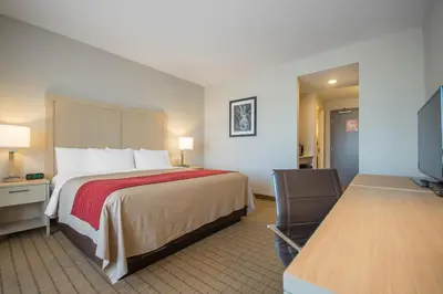 a hotel room with a bed and a chair at Comfort Inn & Suites in Campbell River