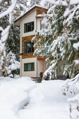 a house covered in snow with trees in front of it at Christina Lake Lakefront, Hot Tub, Amazing Views in Christina Lake