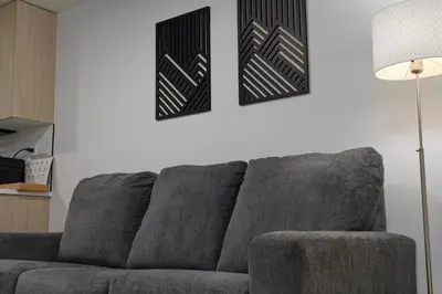 a gray couch sitting in a living room with two pictures at Modern Suite by Royal Alexandra Hospital l Free Parking WiFi Netflix in Edmonton