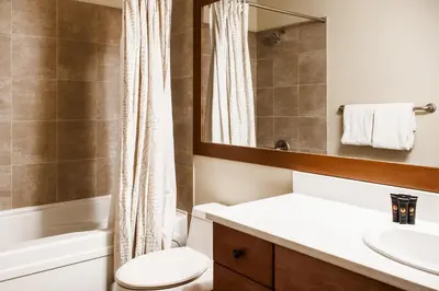 a bathroom with a toilet and a sink and a tub at Stonegate Resort Unit A205 in Big White