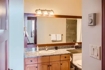 a bathroom with a sink and a mirror at Stonegate Resort Unit A402 in Big White