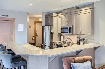 a kitchen with stainless steel appliances and a counter top at Stonegate Resort Unit B108 in Big White