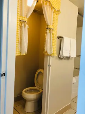 a bathroom with a toilet and curtains and a sink at Cozy 2 Bedroom Condo with Parking in Calgary
