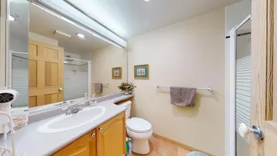 a bathroom with a sink and a toilet and a mirror at 31 GlenEagle in Whistler