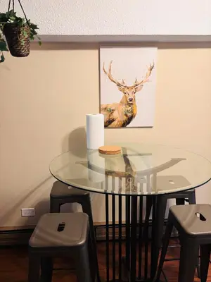 a glass table with a picture of a deer on the wall at 5th Floor Cozy 1 Bedroom Condo with Parking in Calgary
