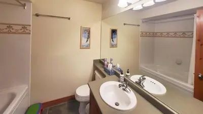 a bathroom with a sink and a toilet and a shower at Timberline Village #46 home in Sun Peaks