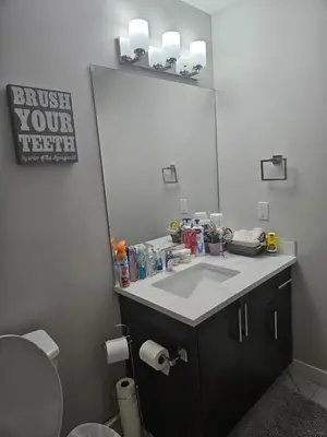 a bathroom with a sink and a large mirror at Wola's Place in Calgary