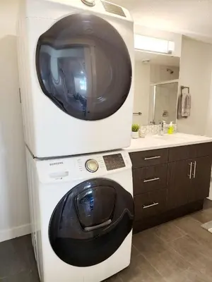 a tv on top of a washing machine in a bathroom at Luxury Cozy Basement in Leduc