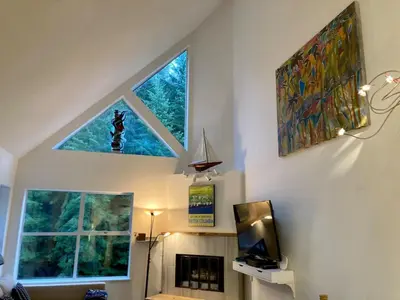 a living room with a tv and two windows at The BIRDs NEST in the Benchlands in Whistler