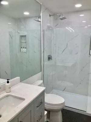 a bathroom with a shower and a toilet and a sink at The BIRDs NEST in the Benchlands in Whistler