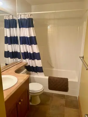 a bathroom with a toilet and a shower and a sink at Townhouse, Ski in Ski out in Big White