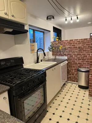 a kitchen with a stove and a sink at Bright Garden Suite Across From Park in Kitsilano in Vancouver