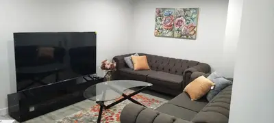 a living room with a couch and a tv at Contemporary Two Bedroom Basement Suite in Edmonton