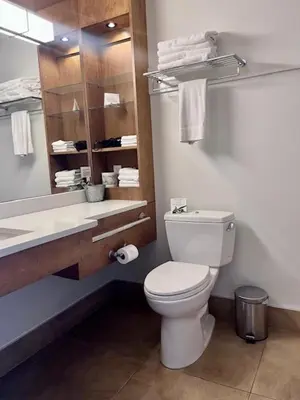 a bathroom with a white toilet and a sink at Sproat Lake Landing Resort in Port Alberni