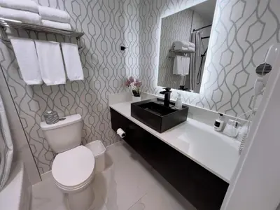 a bathroom with a toilet and a sink and a mirror at The Oceanside, a Coast Hotel in Sechelt