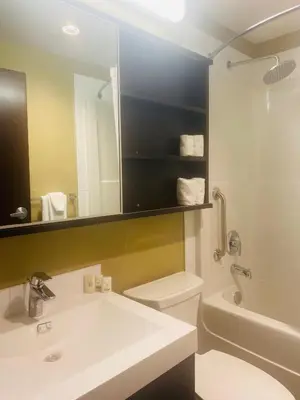 a bathroom with a sink and a toilet and a mirror at Microtel Inn & Suites by Wyndham Whitecourt in Whitecourt