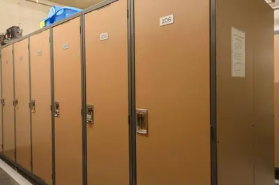a row of lockers are lined up in a room at Stonegate Resort Unit B206 in Kelowna