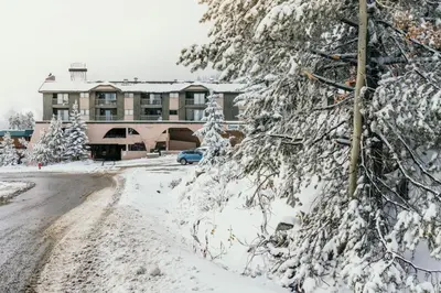 a snow covered street in front of a house at The Lifty Ski-In Ski-Out Studio, Pool and Gym in Big White