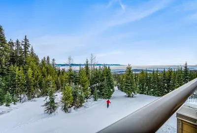 a person on skis in the snow near trees at Fresh Tracks Retreat - Ski In Out Mtn View & Private Hot Tub in Big White