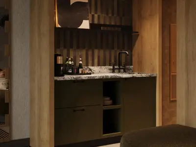 a kitchen with a sink and a counter at The Kenrick Hotel in Banff