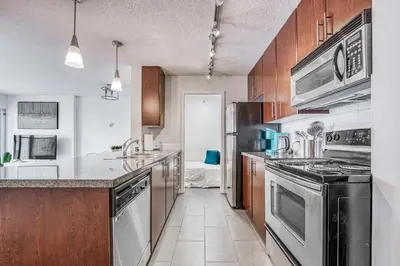 a kitchen with stainless steel appliances and wooden cabinets at Great Ocean Mountain & City views with one free parking in Vancouver