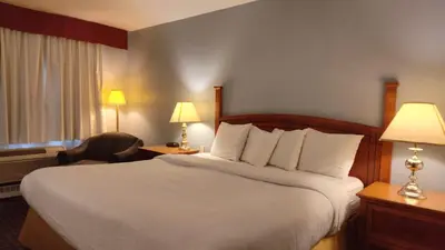 a hotel room with a large bed and two lamps at Metro Inn in Calgary