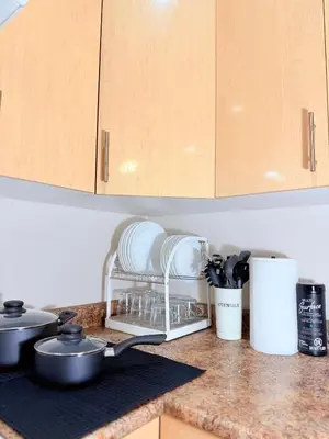 a kitchen counter with dishes in a drying rack at Modern & Cozy 2-Bed Suite in Vancouver in Vancouver