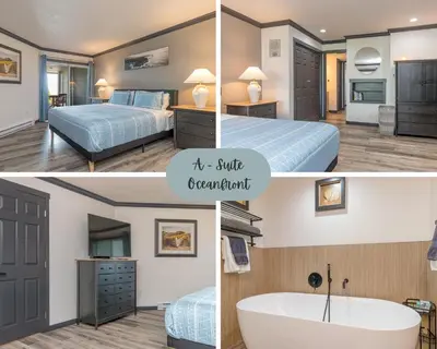 a collage of three pictures of a hotel room at Beachside Townhouses at The Pacific Shores Strata Property in Nanoose Bay