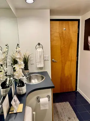 a bathroom with a sink and a wooden door at Stylish Two-Story Loft with Rooftop Deck in Vancouver