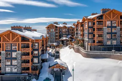 an aerial view of a resort in the snow at Stonegate Resort Unit C105 in Kelowna