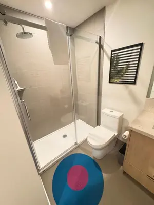 a bathroom with a shower and a toilet and a rug at RED Mountain Gem in Trail