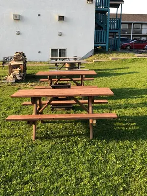 a group of picnic tables sitting in the grass at Voyageur Motel in Rocky Mountain House